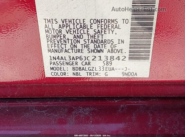 1N4AL3AP6JC213842 2018 NISSAN ALTIMA Burgundy Vista del compartimento del motor