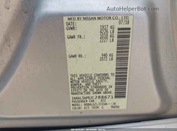 1N4AL3AP6JC288671 2018 NISSAN ALTIMA Silver Engine compartment view