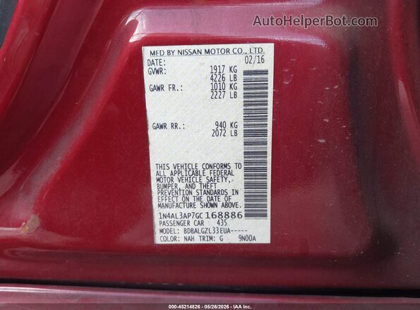 1N4AL3AP7GC168886 2016 NISSAN ALTIMA Red 