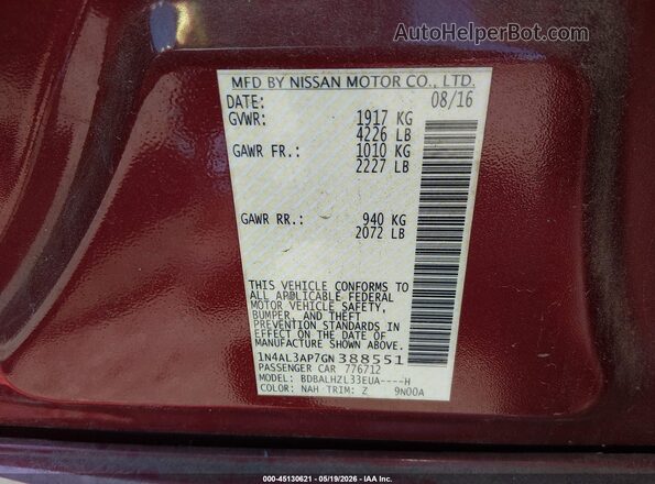 1N4AL3AP7GN388551 2016 NISSAN ALTIMA Red Widok komory silnika