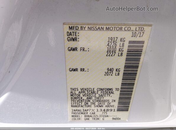 1N4AL3AP7JC134891 2018 NISSAN ALTIMA White Շարժիչի բաժամունքի տեսք