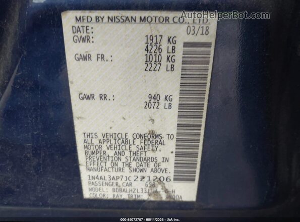 1N4AL3AP7JC221206 2018 NISSAN ALTIMA Blue Engine compartment view