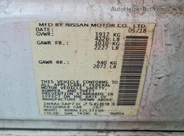 1N4AL3AP7JC256893 2018 NISSAN ALTIMA White Widok naklejki z numerem VIN