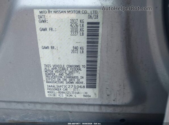 1N4AL3AP7JC271068 2018 NISSAN ALTIMA Silver Вид підкапотного простору