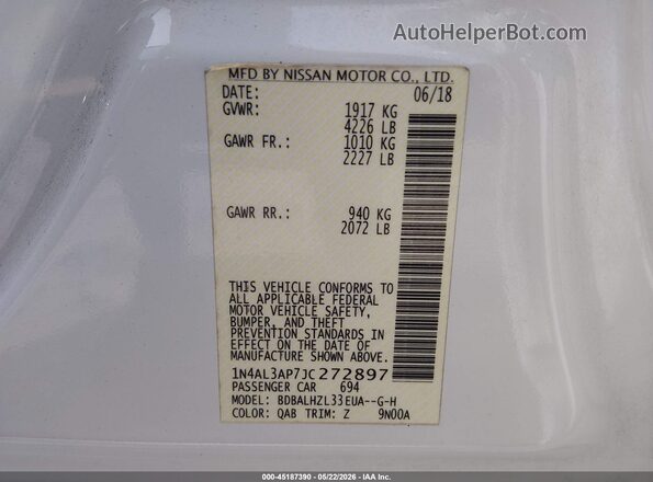 1N4AL3AP7JC272897 2018 NISSAN ALTIMA White ძრავის განყოფილების ხედი