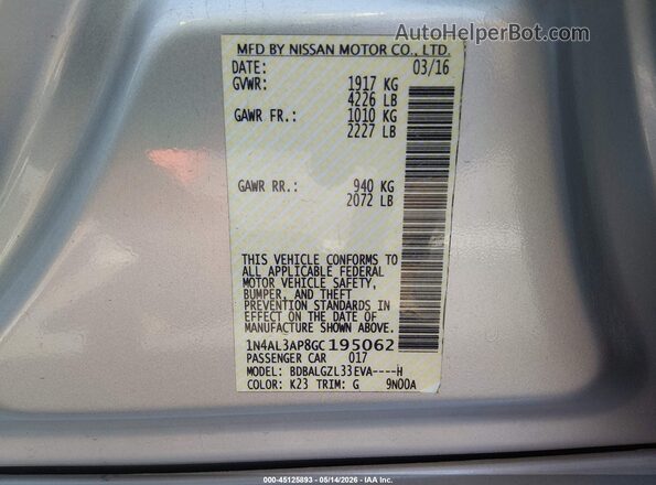 1N4AL3AP8GC195062 2016 NISSAN ALTIMA Silver Widok komory silnika