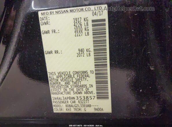 1N4AL3AP8HN353857 2017 NISSAN ALTIMA Black Widok komory silnika