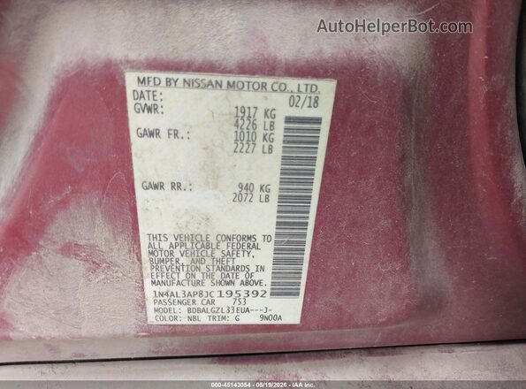 1N4AL3AP8JC195392 2018 NISSAN ALTIMA Maroon Widok komory silnika