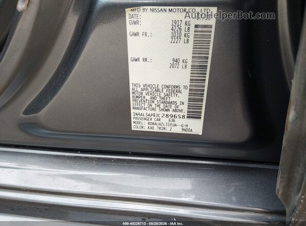 1N4AL3AP8JC289658 2018 NISSAN ALTIMA Gray Вид підкапотного простору