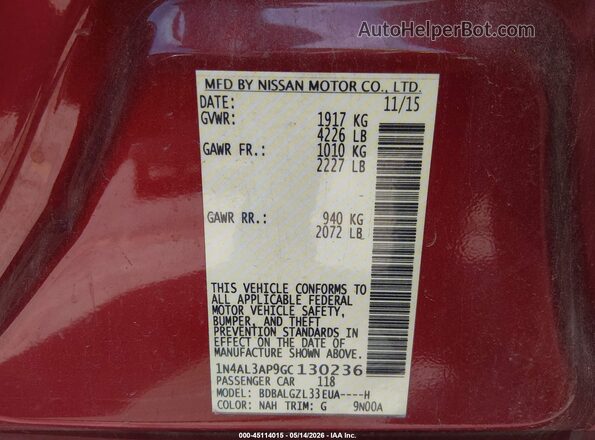 1N4AL3AP9GC130236 2016 NISSAN ALTIMA Red Engine compartment view