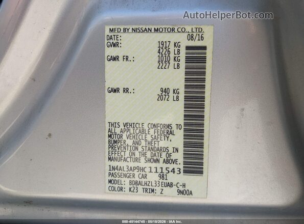1N4AL3AP9HC111543 2017 NISSAN ALTIMA Серебряный Вид подкапотного пространства