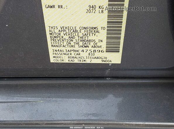 1N4AL3AP9HC475896 2017 NISSAN ALTIMA Gray Widok komory silnika