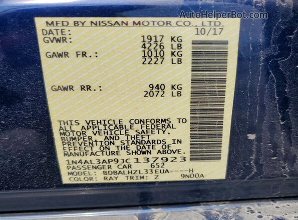 1N4AL3AP9JC137923 2018 NISSAN ALTIMA Blue Vista del compartimento del motor