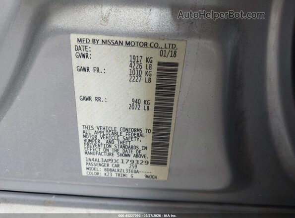 1N4AL3AP9JC179329 2018 NISSAN ALTIMA Серебряный Вид подкапотного пространства
