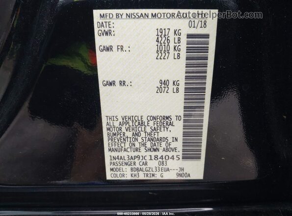1N4AL3AP9JC184045 2018 NISSAN ALTIMA Black Շարժիչի բաժամունքի տեսք