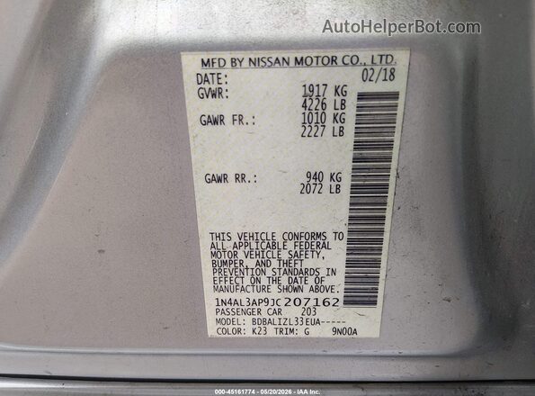 1N4AL3AP9JC207162 2018 NISSAN ALTIMA Silver ძრავის განყოფილების ხედი