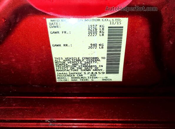1N4AL3APXGC124459 2016 NISSAN ALTIMA Red Вид наклейки з VIN-кодом