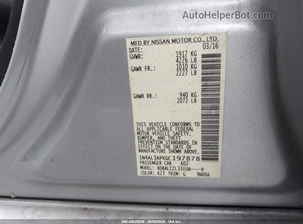 1N4AL3APXGC197878 2016 NISSAN ALTIMA Silver Vista del compartimento del motor