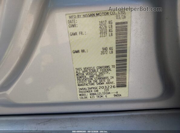 1N4AL3APXGC203226 2016 NISSAN ALTIMA Серебряный Вид подкапотного пространства