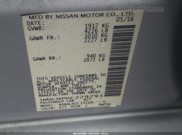 1N4AL3APXGC229793 2016 NISSAN ALTIMA White Widok komory silnika