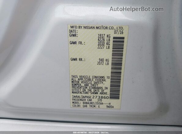 1N4AL3APXGC273860 2016 NISSAN ALTIMA White Вид підкапотного простору