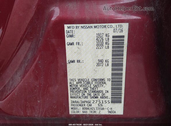 1N4AL3APXGC275155 2016 NISSAN ALTIMA Red Շարժիչի բաժամունքի տեսք