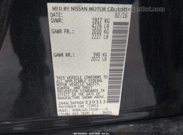 1N4AL3APXGN339313 2016 NISSAN ALTIMA Черный 