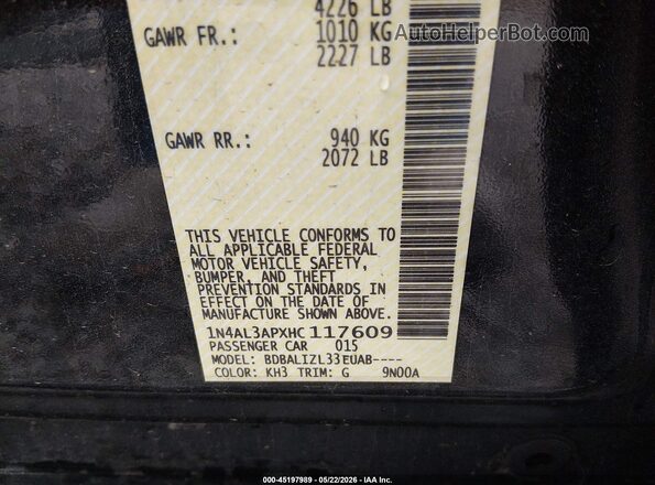 1N4AL3APXHC117609 2017 NISSAN ALTIMA Black Vista del compartimento del motor
