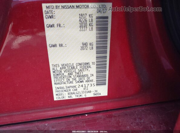 1N4AL3APXHC241735 2017 NISSAN ALTIMA Red ძრავის განყოფილების ხედი