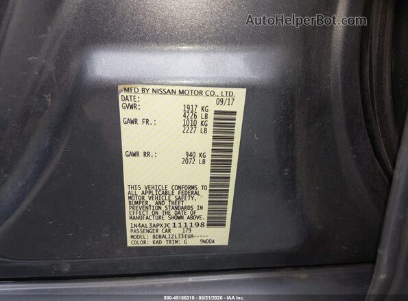 1N4AL3APXJC111198 2018 NISSAN ALTIMA Gray ძრავის განყოფილების ხედი