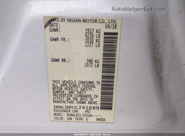 1N4AL3APXJC241689 2018 NISSAN ALTIMA White Շարժիչի բաժամունքի տեսք