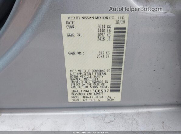 1N4AL4FV6LN308597 2020 NISSAN ALTIMA Silver Engine compartment view
