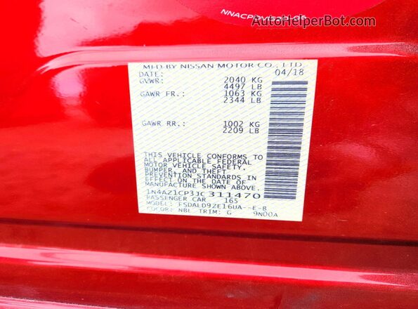 1N4AZ1CP3JC311470 2018 NISSAN LEAF Red Vista de la etiqueta del VIN