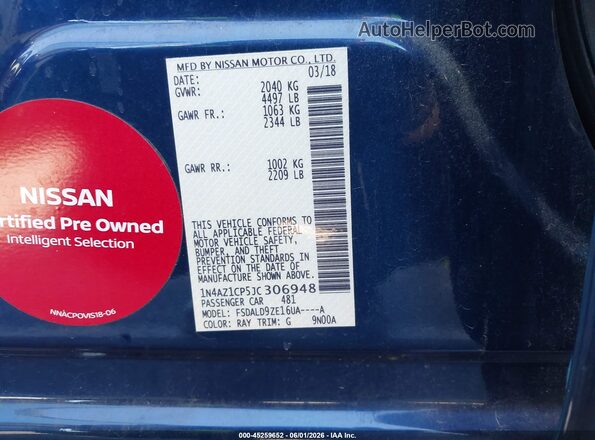 1N4AZ1CP5JC306948 2018 NISSAN LEAF Blue 
