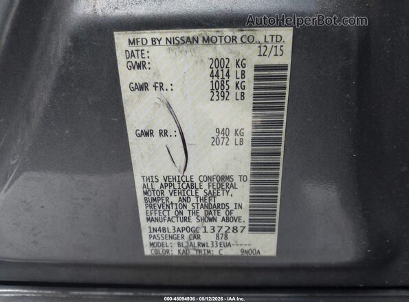 1N4BL3AP0GC137287 2016 NISSAN ALTIMA Gray Շարժիչի բաժամունքի տեսք