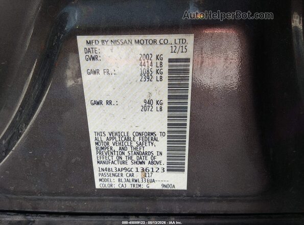 1N4BL3AP9GC136123 2016 NISSAN ALTIMA Brown Շարժիչի բաժամունքի տեսք