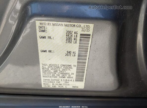 1N4BL3APXGC118441 2016 NISSAN ALTIMA Silver Vista del compartimento del motor