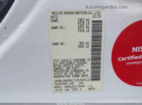 1N4BL4BV0KC193452 2019 NISSAN ALTIMA White Вид підкапотного простору