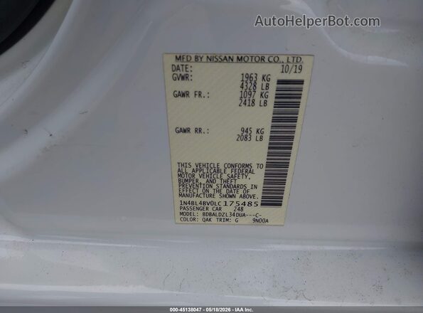 1N4BL4BV0LC175485 2020 NISSAN ALTIMA White ძრავის განყოფილების ხედი