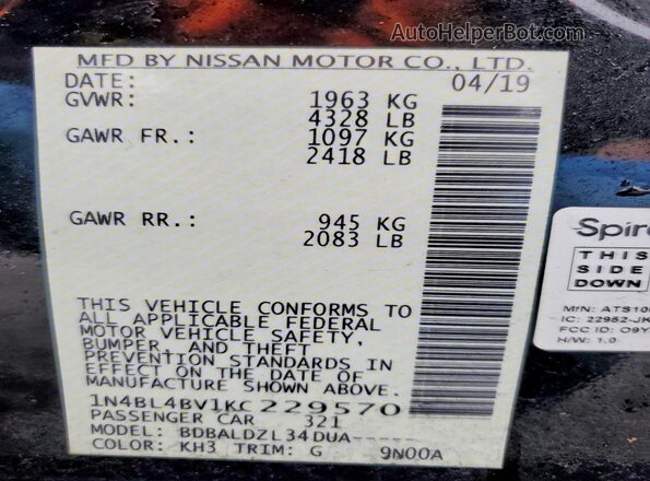 1N4BL4BV1KC229570 2019 NISSAN ALTIMA Black Вид підкапотного простору