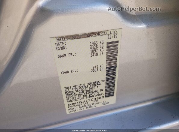 1N4BL4BV1LC209580 2020 NISSAN ALTIMA Silver Շարժիչի բաժամունքի տեսք
