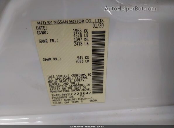 1N4BL4BV1LC223642 2020 NISSAN ALTIMA White Widok komory silnika