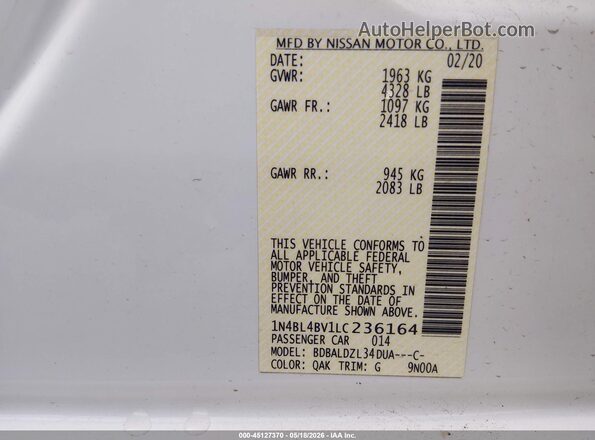 1N4BL4BV1LC236164 2020 NISSAN ALTIMA White Engine compartment view