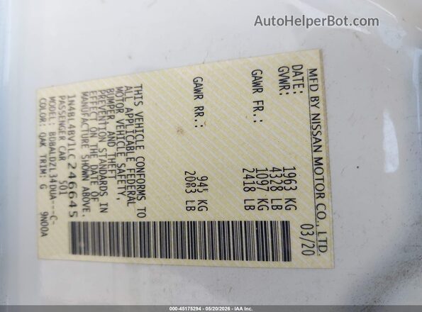 1N4BL4BV1LC246645 2020 NISSAN ALTIMA White Engine compartment view