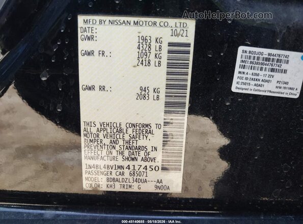 1N4BL4BV1MN417450 2021 NISSAN ALTIMA Black Vista del compartimento del motor