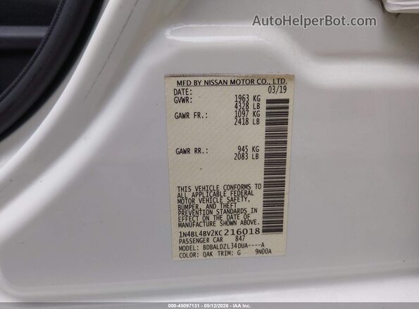 1N4BL4BV2KC216018 2019 NISSAN ALTIMA White Вид підкапотного простору
