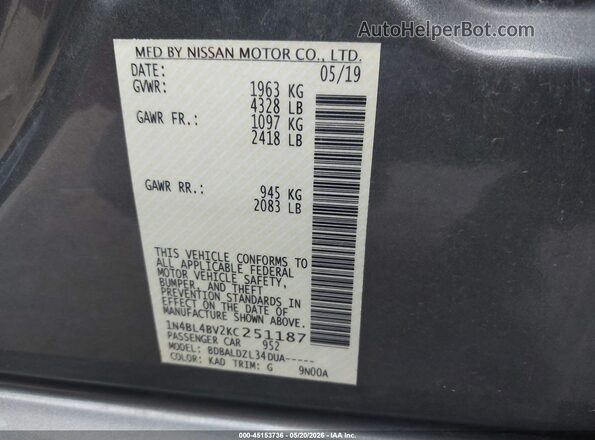 1N4BL4BV2KC251187 2019 NISSAN ALTIMA Gray ძრავის განყოფილების ხედი