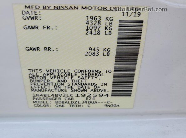 1N4BL4BV2LC192594 2020 NISSAN ALTIMA Белый 