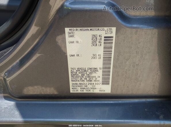 1N4BL4BV2LC204307 2020 NISSAN ALTIMA Gray Вид підкапотного простору