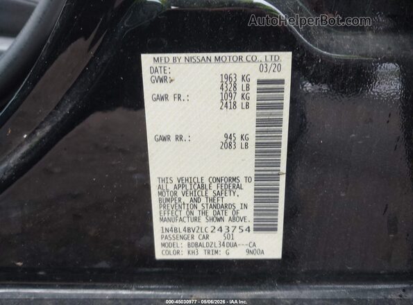 1N4BL4BV2LC243754 2020 NISSAN ALTIMA Black ძრავის განყოფილების ხედი
